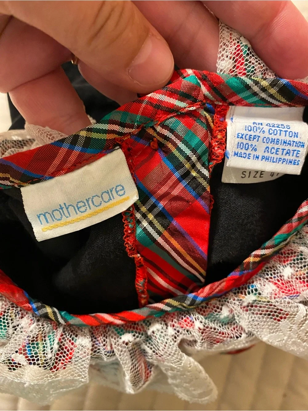 Mothercare Vintage Girls Black Velvet Dress Lace Collar Plaid 4T